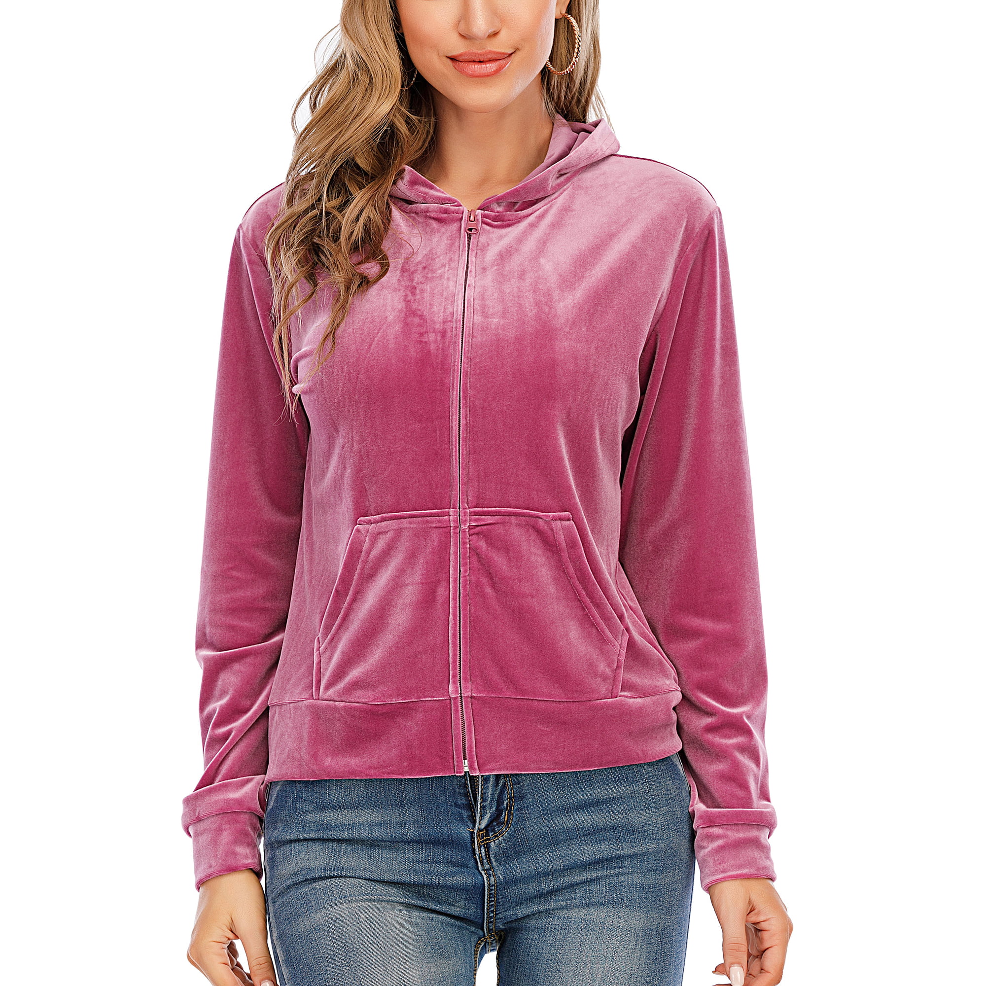 YUNY Womens Velvet Oversize Hoode Pocket Zip-Up Print Sweatshirts Outwear Rose Red 3XL 